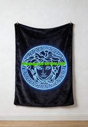 Versace Black Blue Neon Medusa Greek Key Print Flannel Sofa Throw Blanket IMG_1436